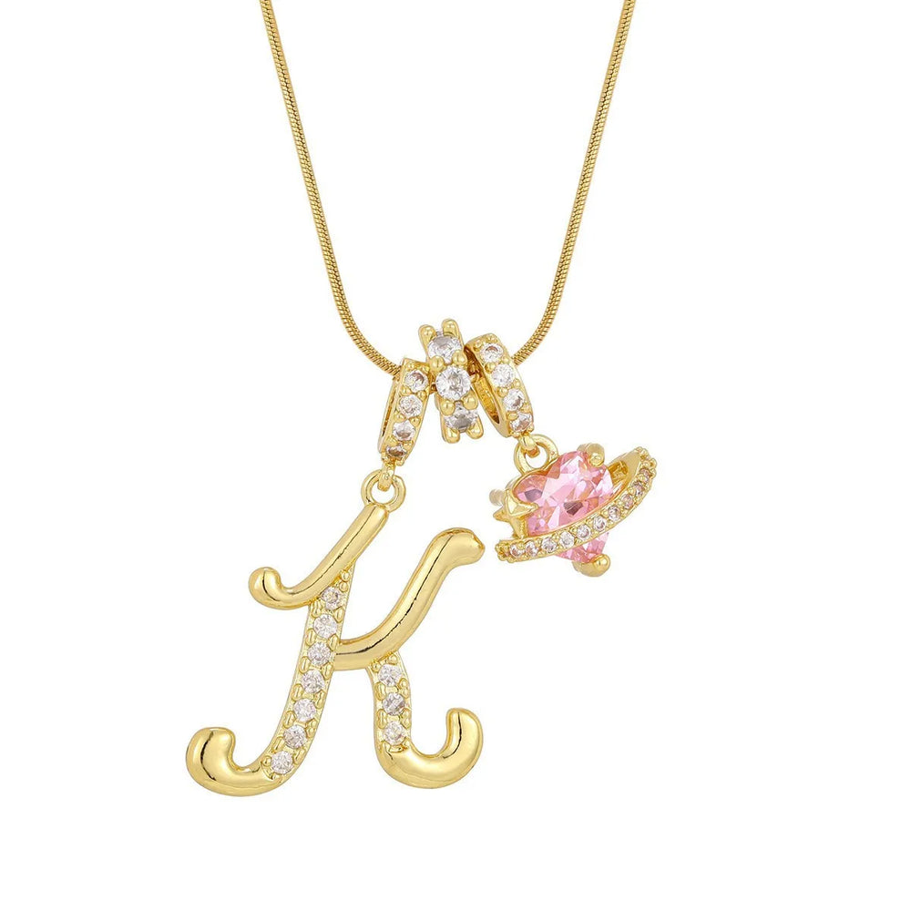 Fashion Letter Necklace for Women Pink Zircon Heart-shaped Pendant Suitable for Girls lifestyle view