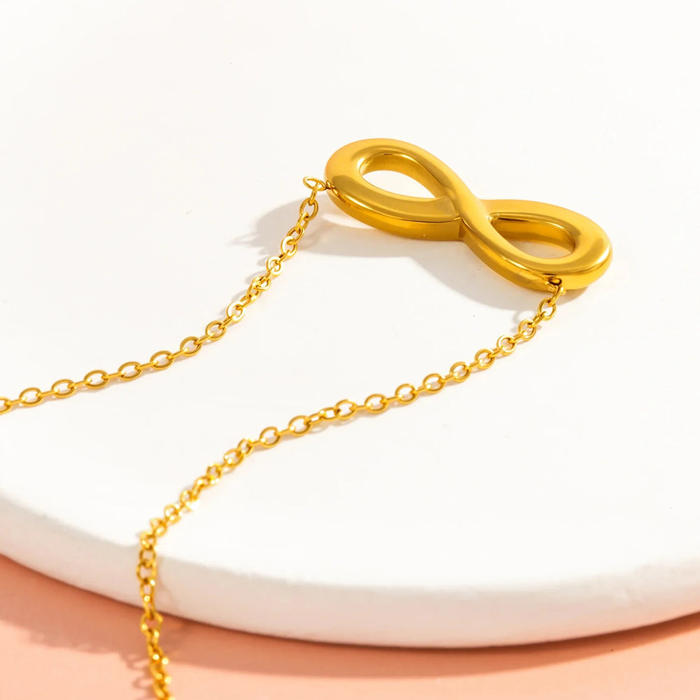 Minimalist Infinity Necklace - 18K Gold Plated Stainless Steel, Love Freedom Pendant lifestyle view