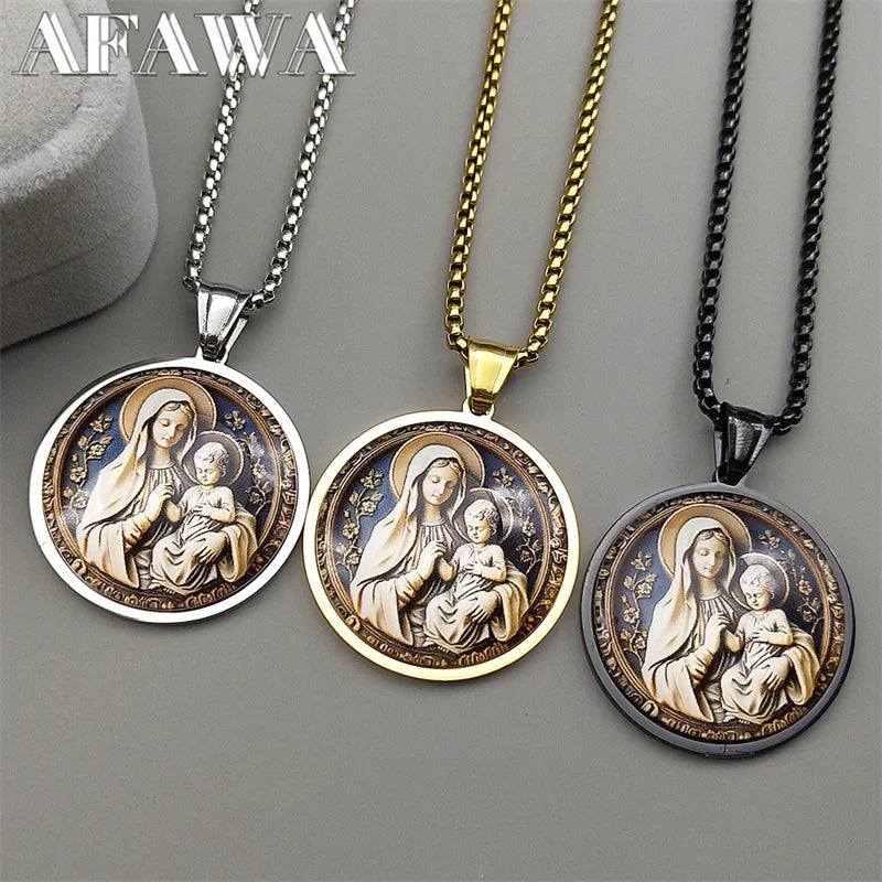 Virgin Mary Hold Baby Jesus Glass Round Medal Pendant Necklace | Gold Stainless Steel Ca detail view
