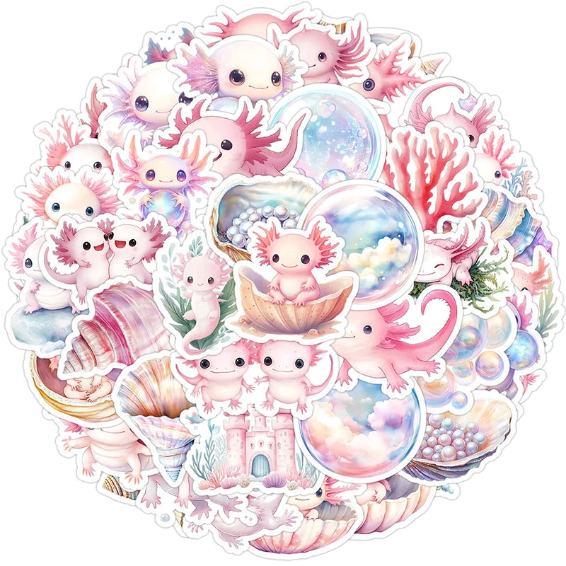 50PCS Pink Axolotl Stickers Cute Cartoon Salamander Stickers Waterproof Vinyl Animal Decals for Wate