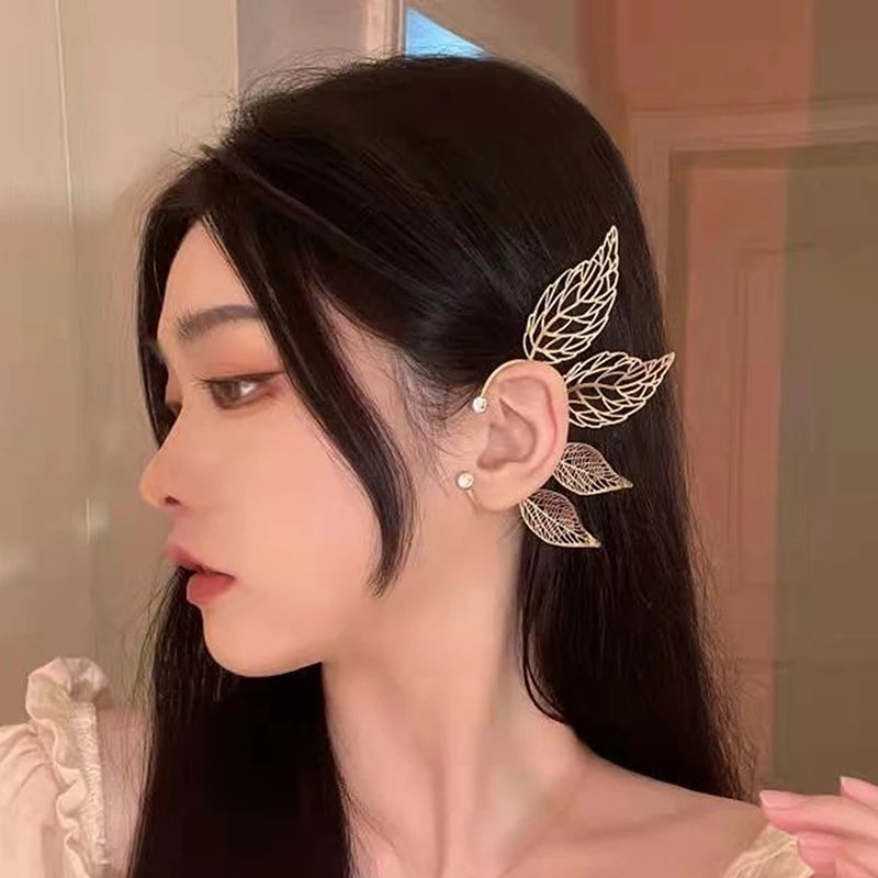 1Pc Chic Elf Ear Cuff Maple Leaf Hollowed Zircon Leaf Cosplay Fairy Earring Clips for Wo detail view