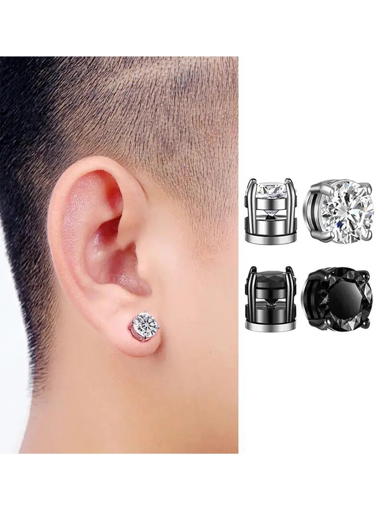 Mens Fashionable Clip On Earrings Set | Non Piercing Magnet Zircon Stainless Steel detail view