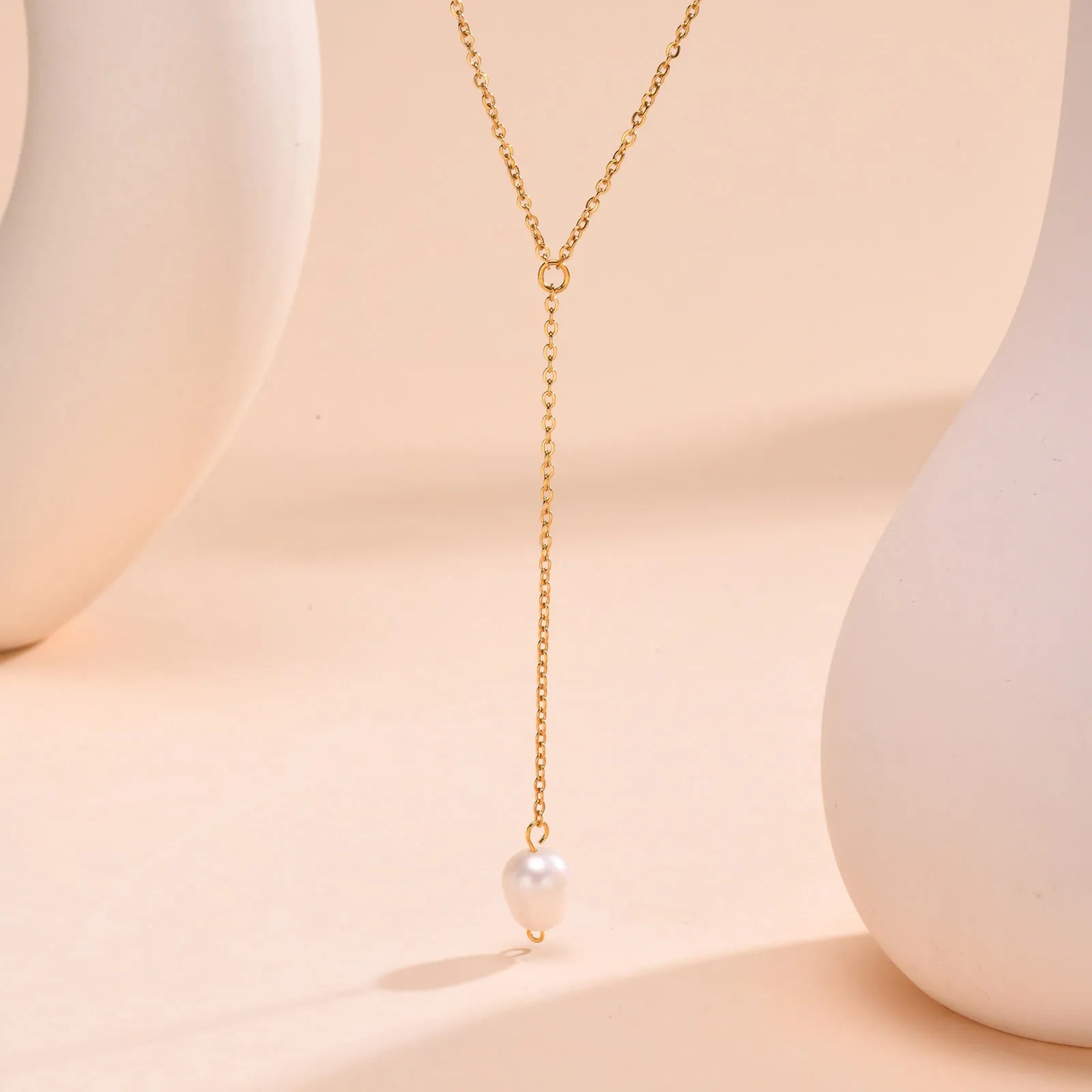 Drop Y Lariat Necklace with Bar Pendant, Stainless Steel Long Chain, Womens Necklaces close-up view