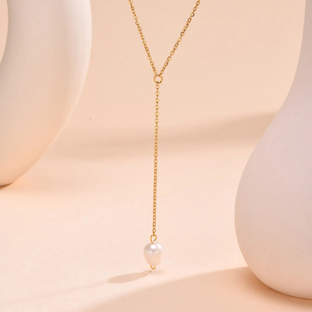 Drop Y Lariat Necklace with Bar Pendant, Stainless Steel Long Chain, Womens Necklaces close-up view