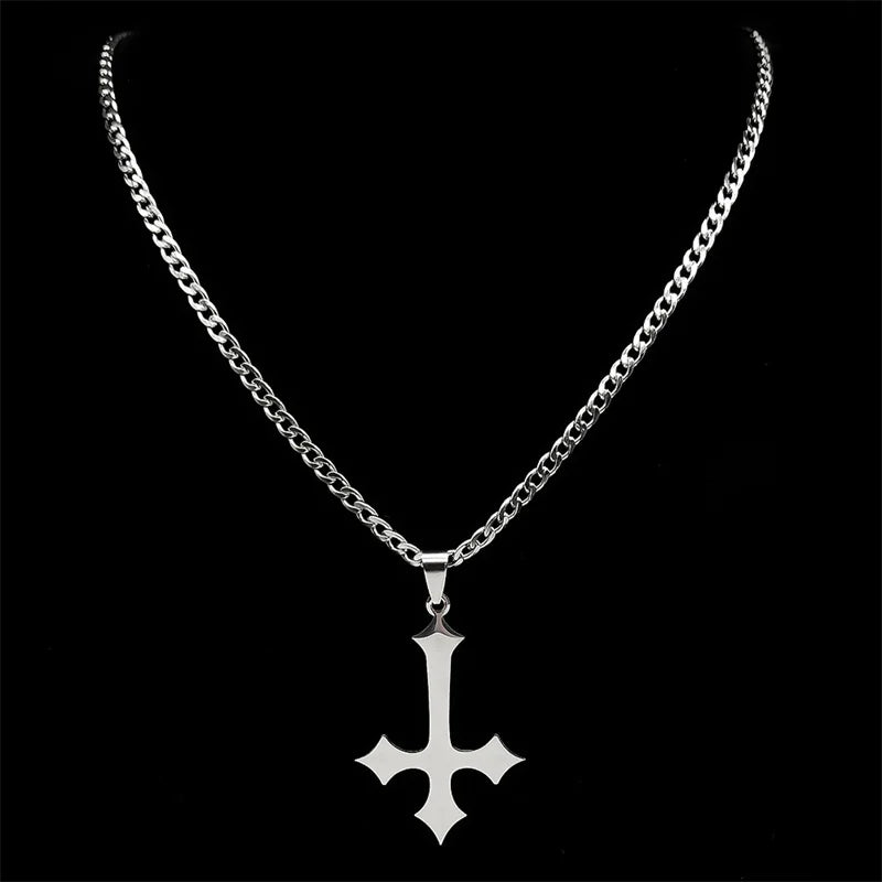 Goth Upside Down Cross Stainless Steel Pendant Necklace | Inverted Crucifix Gothic Jew close-up view