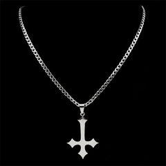 Goth Upside Down Cross Stainless Steel Pendant Necklace | Inverted Crucifix Gothic Jew close-up view