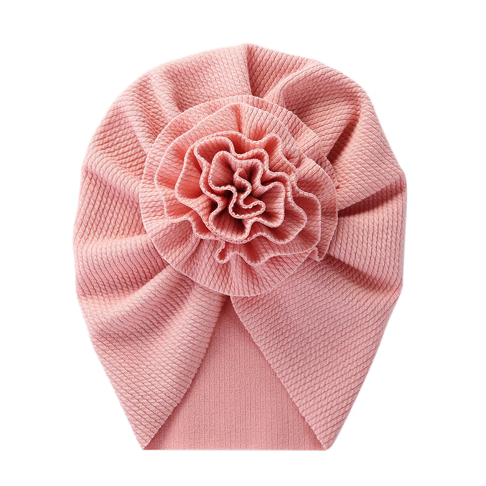 Big Blossom Flower Ribbed Turban Baby Hat | Soft Cotton Topknot Bonnet for Newborns a alternate view