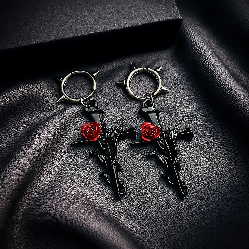 Gun-black Cross Rose Earrings Gothic Halloween Happy Night Rock Hip Hop Jewelry Earrings