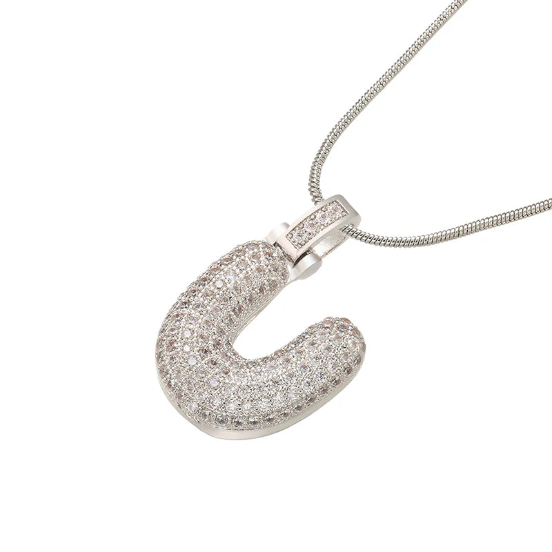 Silver Bubble Initial Letter Necklace | Customizable 26 Letters Pendant Jewelry for Wo close-up view