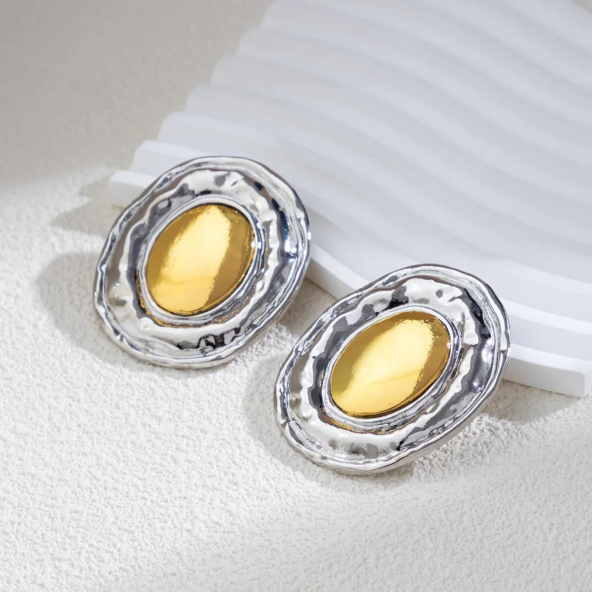 Oversize Glossy Round Circle Stud Earrings | Gold Plated Thick Hoop Jewelry close-up view