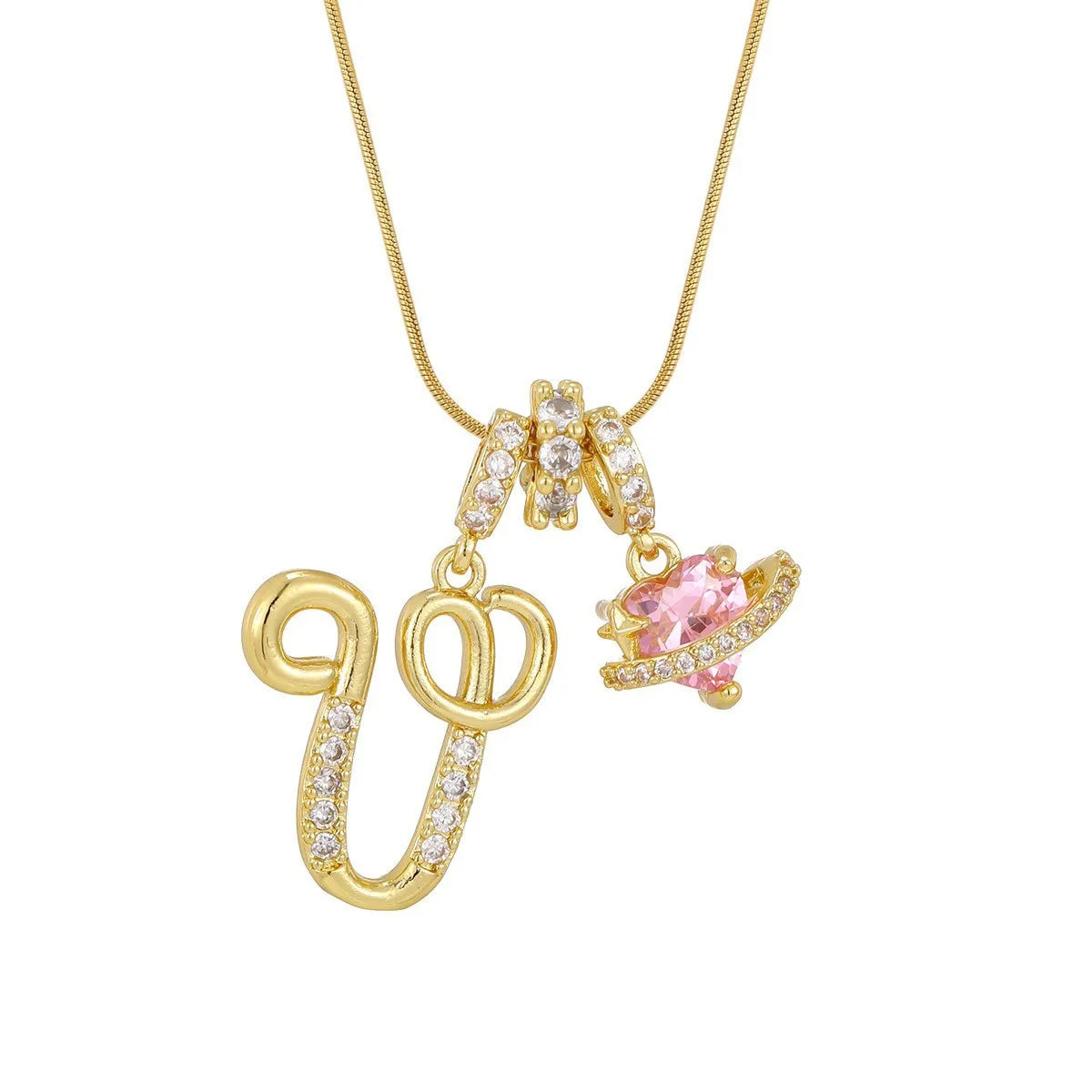 Fashion Letter Necklace for Women Pink Zircon Heart-shaped Pendant Suitable for Girls close-up view