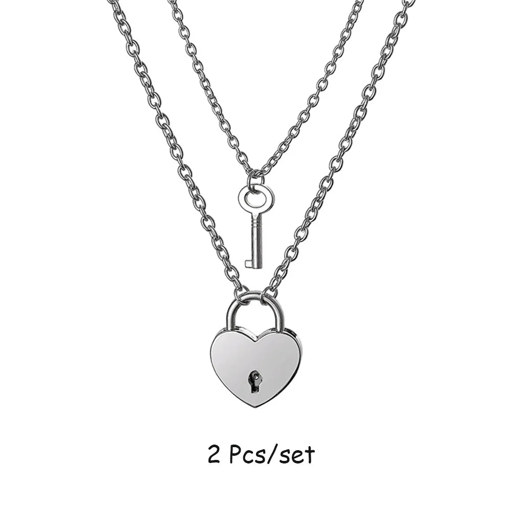 Romantic Couple Key and Heart Pendant Necklace Set | Stainless Steel Lovers Jewelry G alternate view