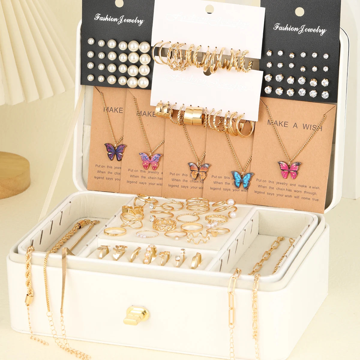 104 Pcs/Set Fashion Metal Pearl Zircon Earrings Butterfly Necklaces Bracelets Rings C alternate view