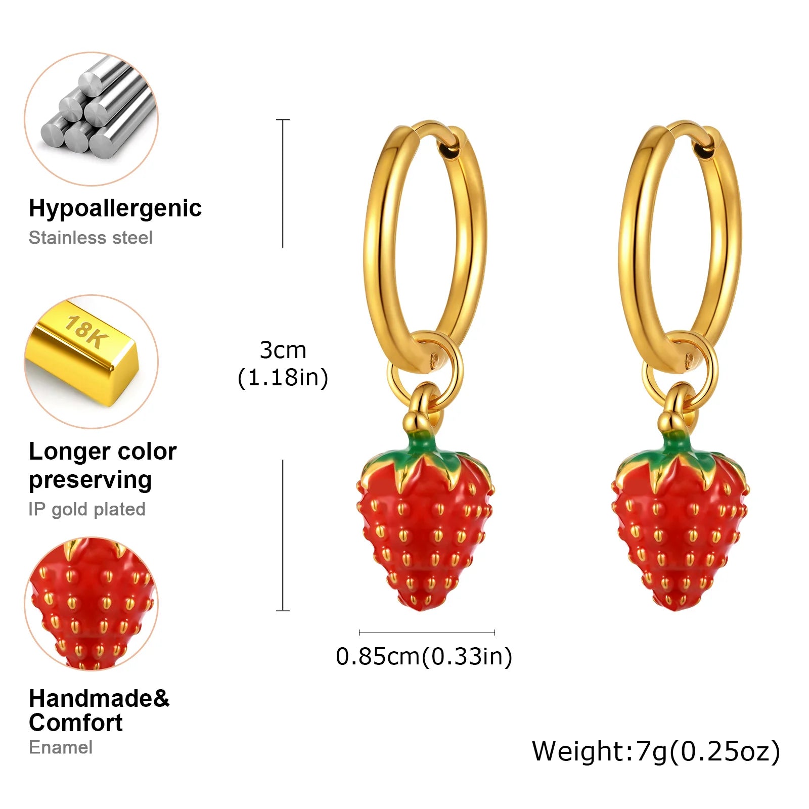 Women's Sweet Strawberry Drop Earrings,Gold Plated Stainless Steel Hoop Earrings for lifestyle view