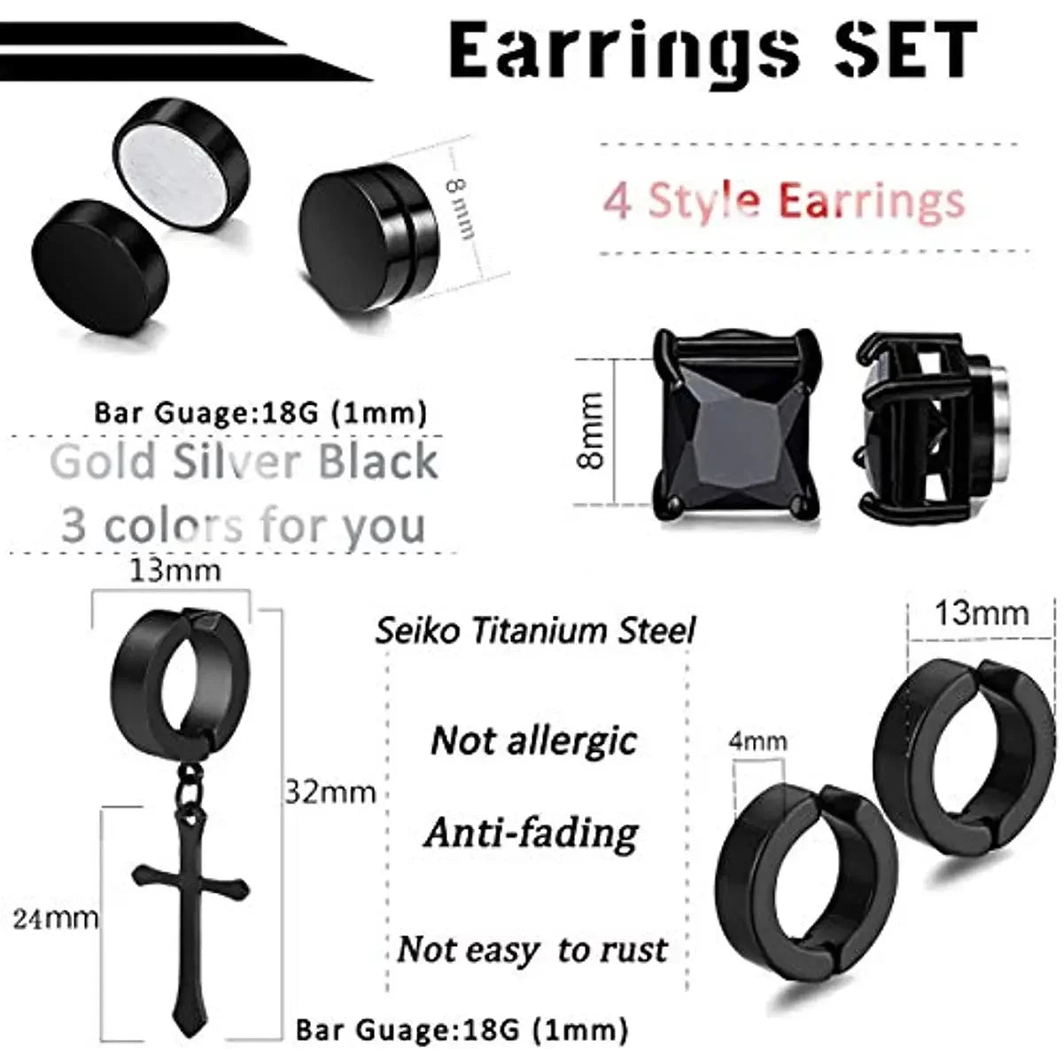1/6 Pairs Stainless Steel Cross Pendant Clip Earring Non Piercing Fake Hoop Stud Earr alternate view
