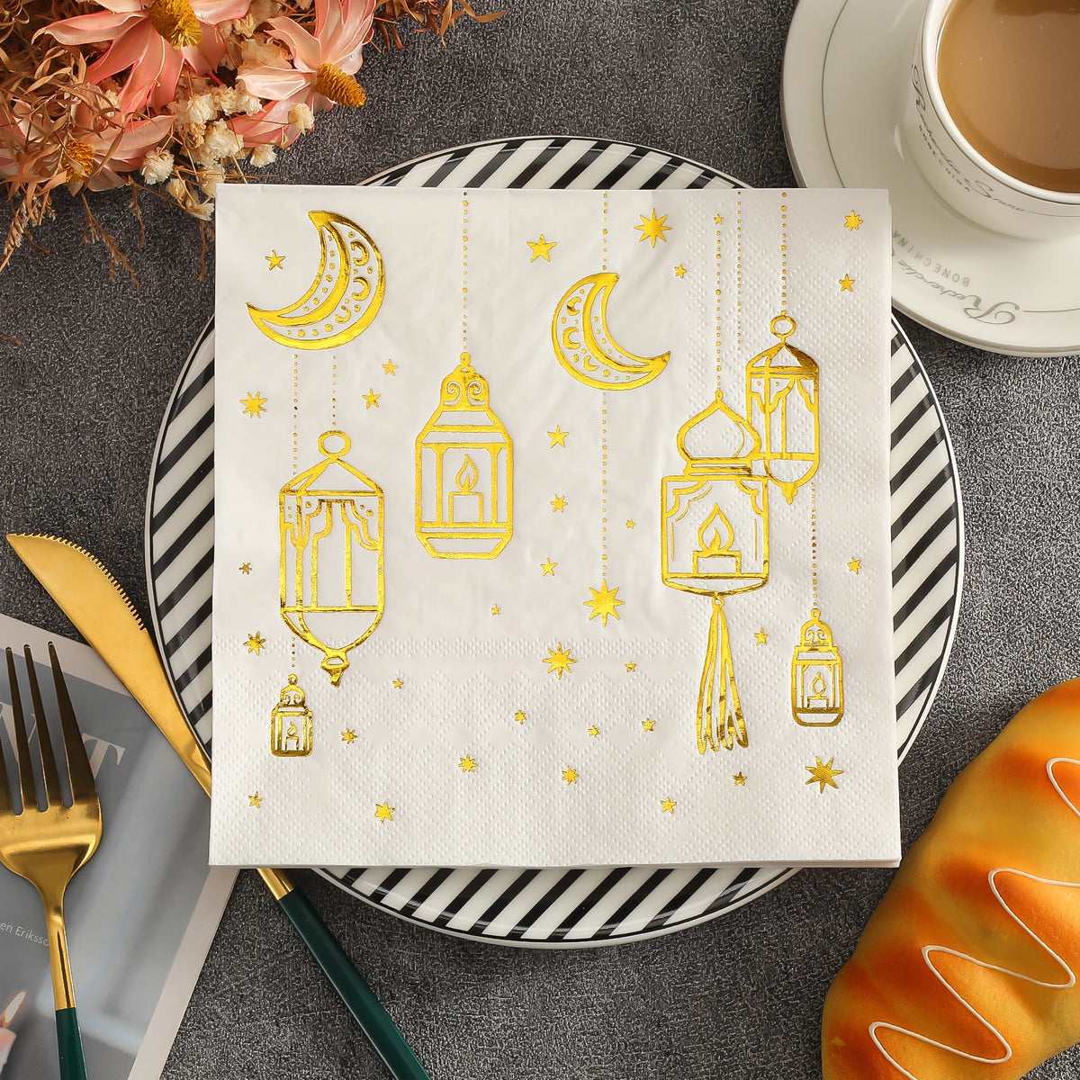 White Paper Napkins with Golden Moon Patterns | Elegant Party Napkins Pack of 20