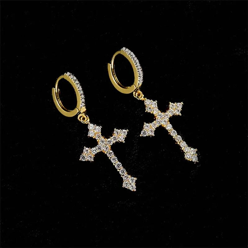 Korean Sliver Color Zircon Cross-Shape Drop Earrings | Punk Hip Hop Crystal Pendant Ea close-up view