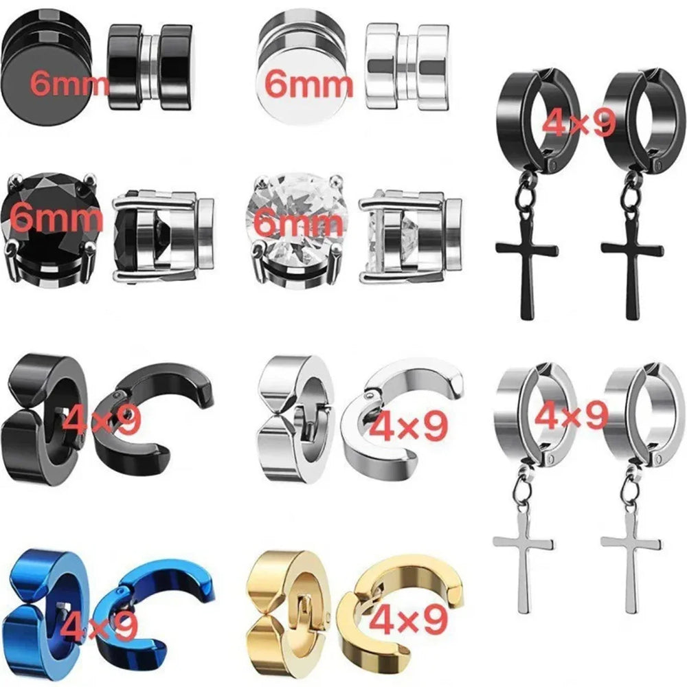2pcs Punk Mens Strong Magnet Magnetic Ear Stud Set,Non Piercing Cross Clip-on Earrings close-up view
