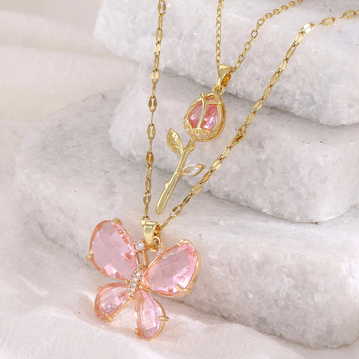 Elegant Pink Crystal Butterfly Necklace for Women High-End Zircon Flower Pendant Fashionable Jewelry