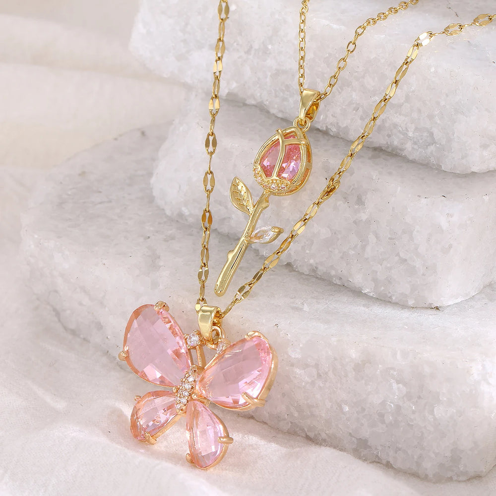Elegant Pink Crystal Butterfly Necklace for Women High-End Zircon Flower Pendant Fashionable Jewelry
