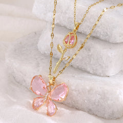 Elegant Pink Crystal Butterfly Necklace for Women High-End Zircon Flower Pendant Fashionable Jewelry