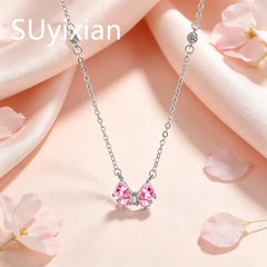 925 Sterling Silver Stylish Sweet Pink Bow Zircon Necklace Birthday Party Anniversary Gift Ladies Je