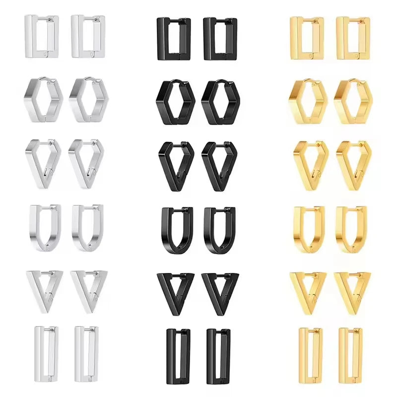 Unisex Stainless Steel Rectangular Hoop Earrings for Men Women Punk Rock Triangle Huggie Earrings Pi