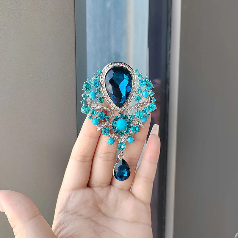Retro Blue Crystal Big Waterdrop Pendant Brooch for Women Full of Rhinestone Brooch Pin Clothing Accessories Vintage Jewelry