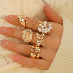 Fashionable Punk Style Exaggerated lip Butterfly Pearl Fish Tail Ring Gold Set, Suitable For Fashion
