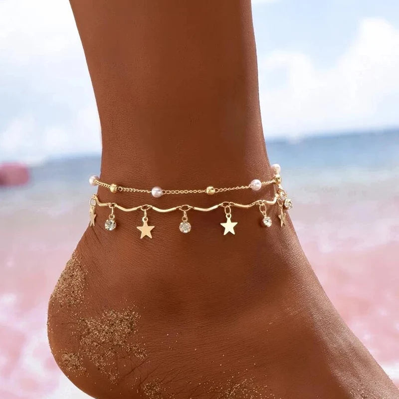 Boho Anklet Foot Chain Summer Bracelet Tassel Star Crystal Pendant Charm Anklet Sandals Barefoot Bea
