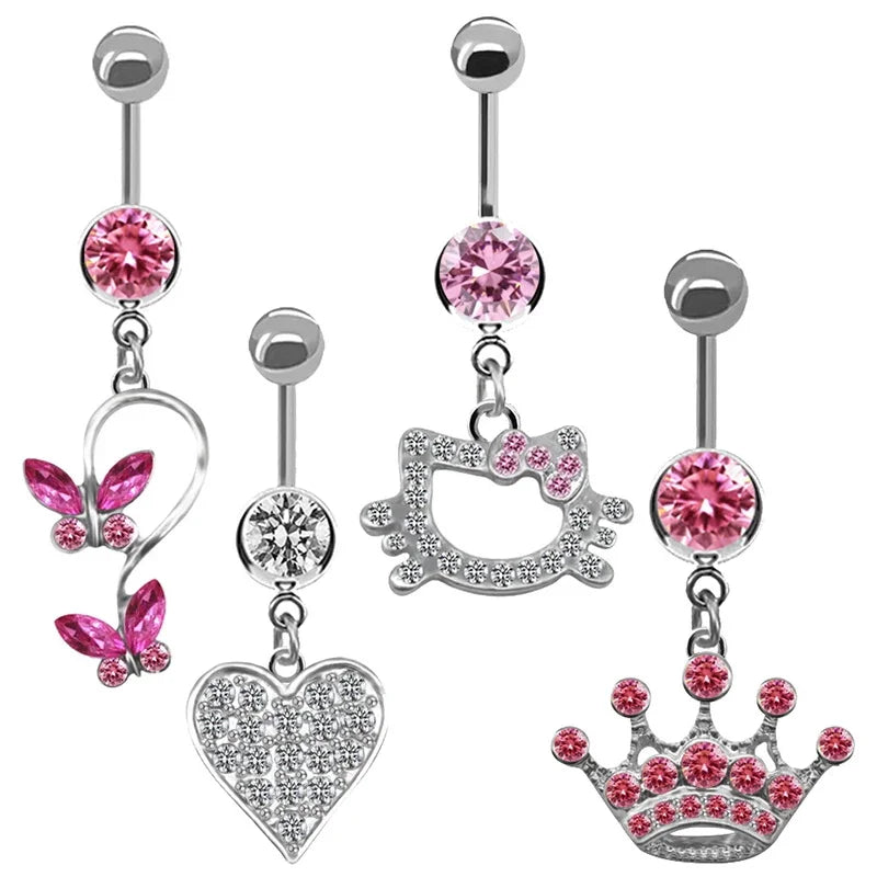 Sweet Butterfly Crown Heart Drop Belly Button Pink White Crystal Stone Hellokitty Dangle detail view