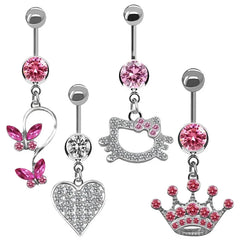 Sweet Butterfly Crown Heart Drop Belly Button Pink White Crystal Stone Hellokitty Dangle detail view