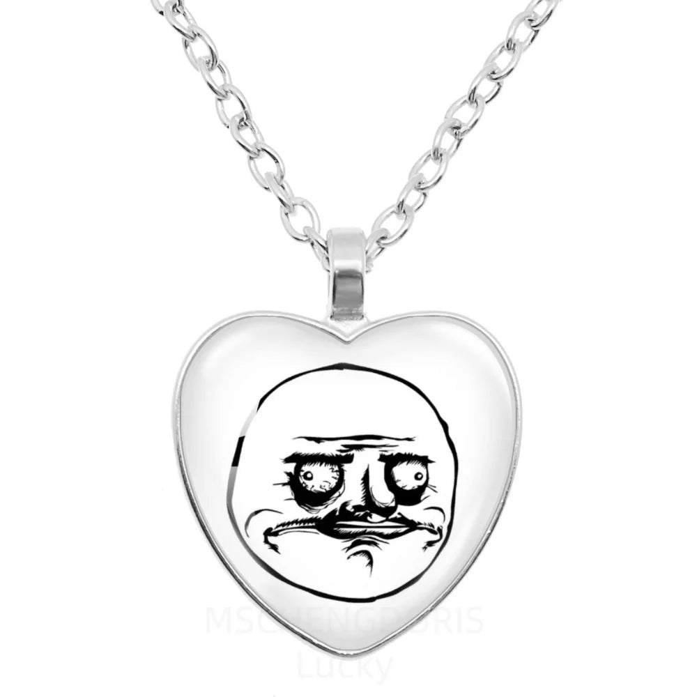 Rage Comic Necklace Derp Face Trollface Funny Meme Cartoon Glass Heart Shape Pendant lifestyle view