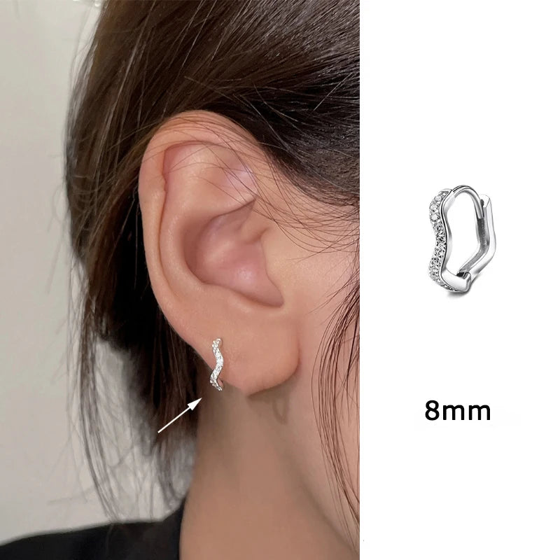 Stainless Steel Minimal Wave Hoop Earrings Crystal Zirconia Small Huggie Thin Cartilage detail view
