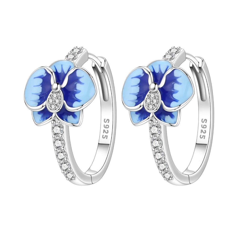 925 Sterling Silver Purple Flowers Plants Leaf Series Blue Iris Flower Earring Hoop E lifestyle view