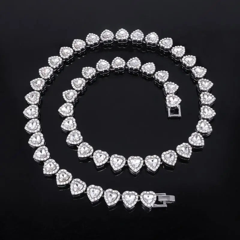 Shiny Heart Rhinestone Hip Hop Chain Necklace and Bracelet Set | Hip Hop Jewelry close-up view