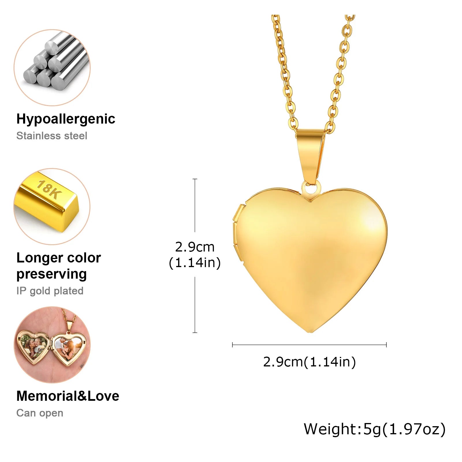 Gold Heart Locket Necklace with Photo Frame | Stainless Steel Jewelry for Women close-up view