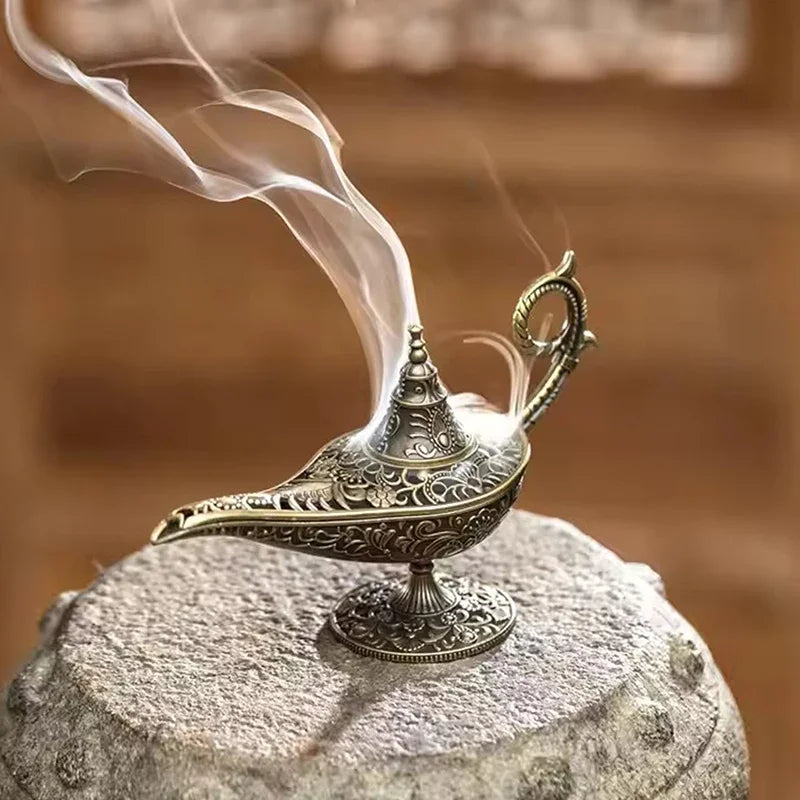 Antique Style Metal Incense Burner | Aladdin Lamp Candle Holder for Home Decor close-up view
