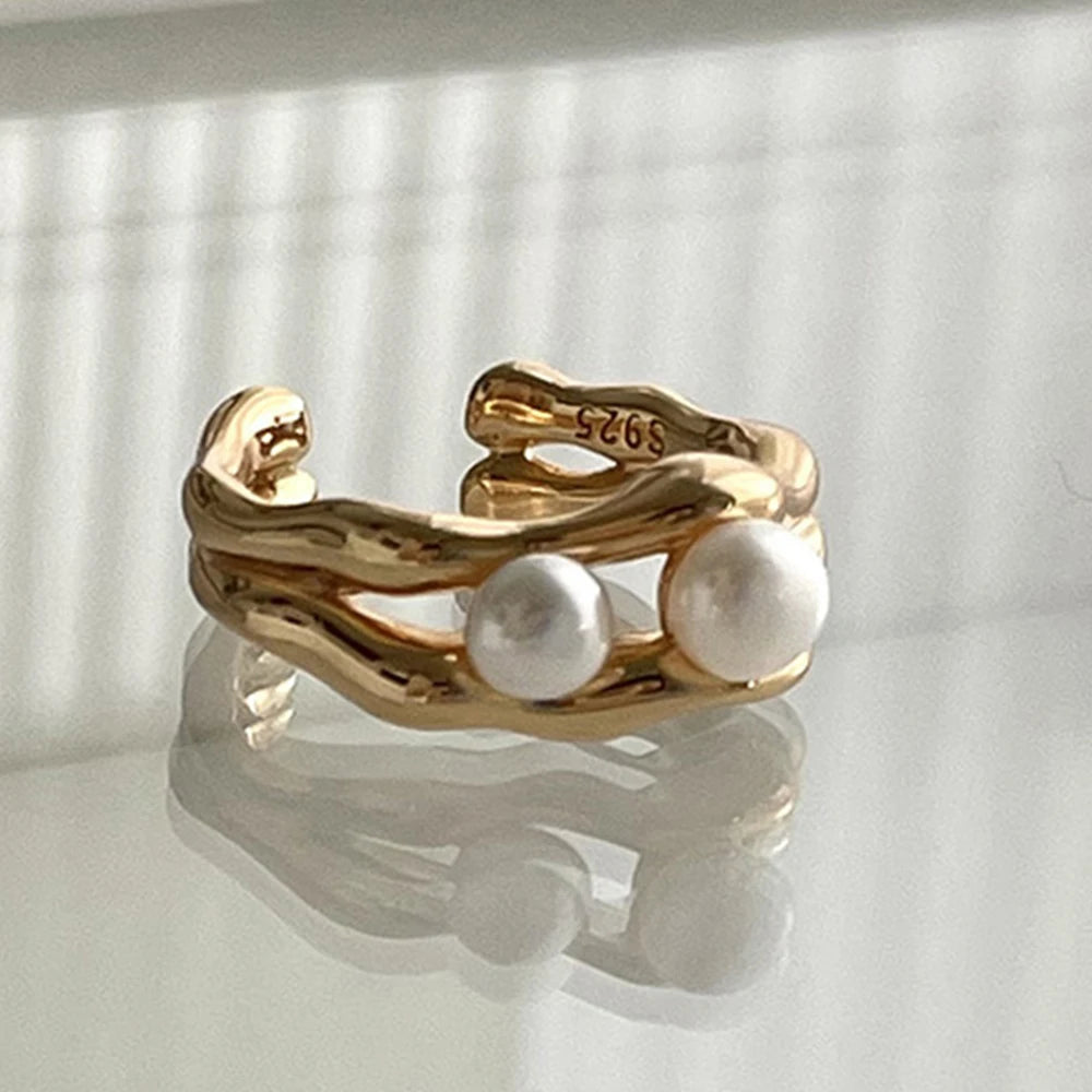 PANJBJ 925 Sterling Silver Pearl Irregular Ring for Women Shell Overlapping Hollow Sw alternate view