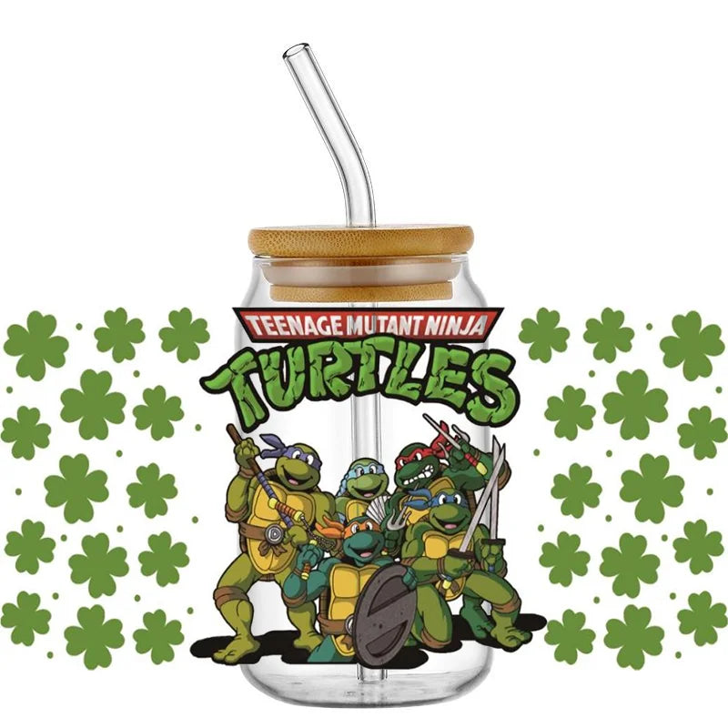 Cartoon Turtle Decal Stickers | Waterproof UV DTF Wrap for 16oz Libbey Glass close-up view