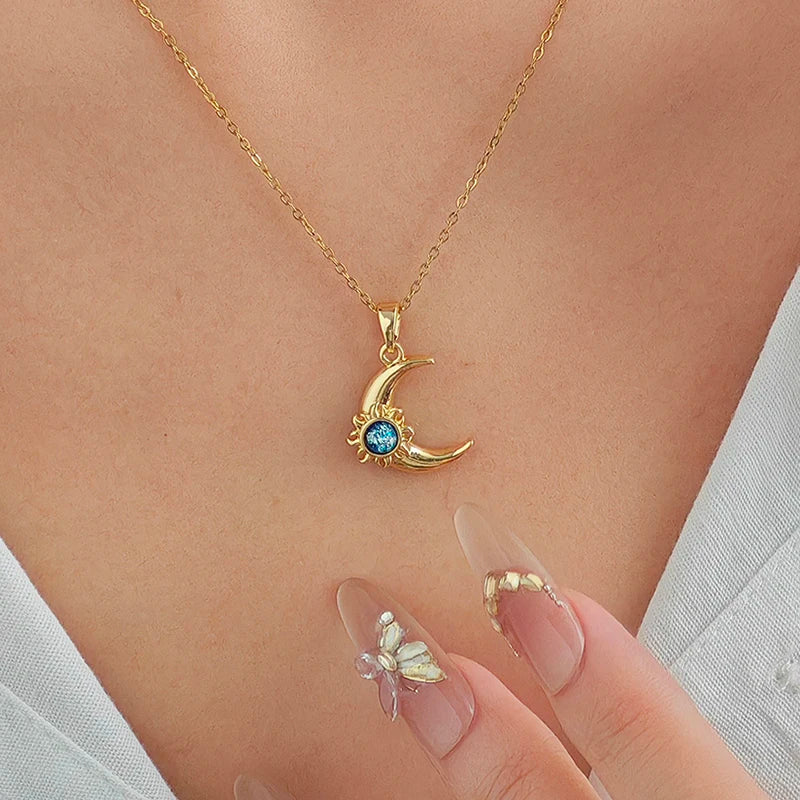 Moon and Sun Zircon Pendant Necklace | 316L Stainless Steel Choker alternate view