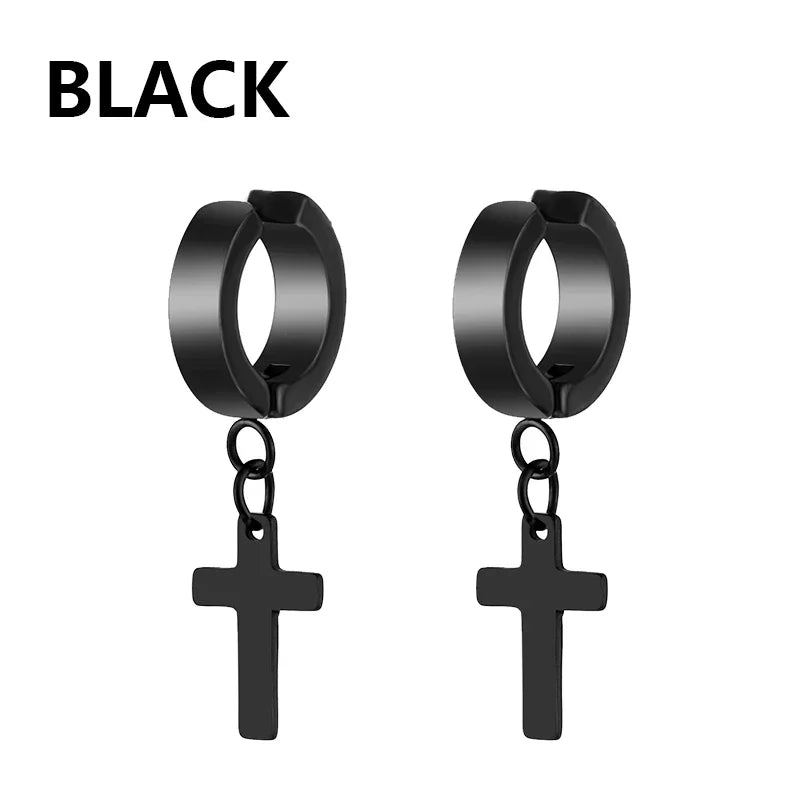 Stainless Steel Clip On Cross Earrings | Non Piercing Gothic Punk Jewelry for Men Women detail view