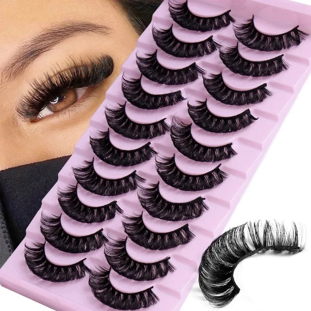 10 Pairs D Curl False Eyelashes Russian Volume Strip Lashes Fluffy Thick Wispy Fake Eyelashes for Pa