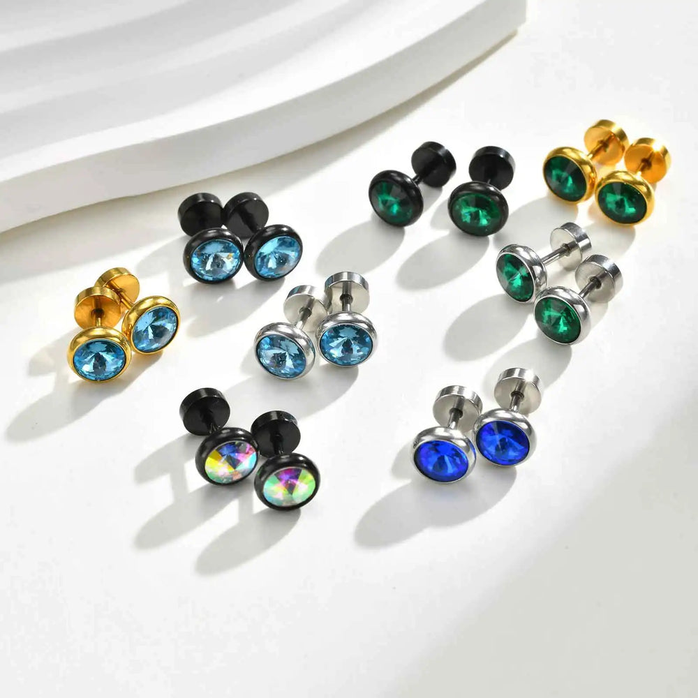 8mm Stainless Steel Screw Back Earrings for Men | Faceted Zircon Studs lifestyle view