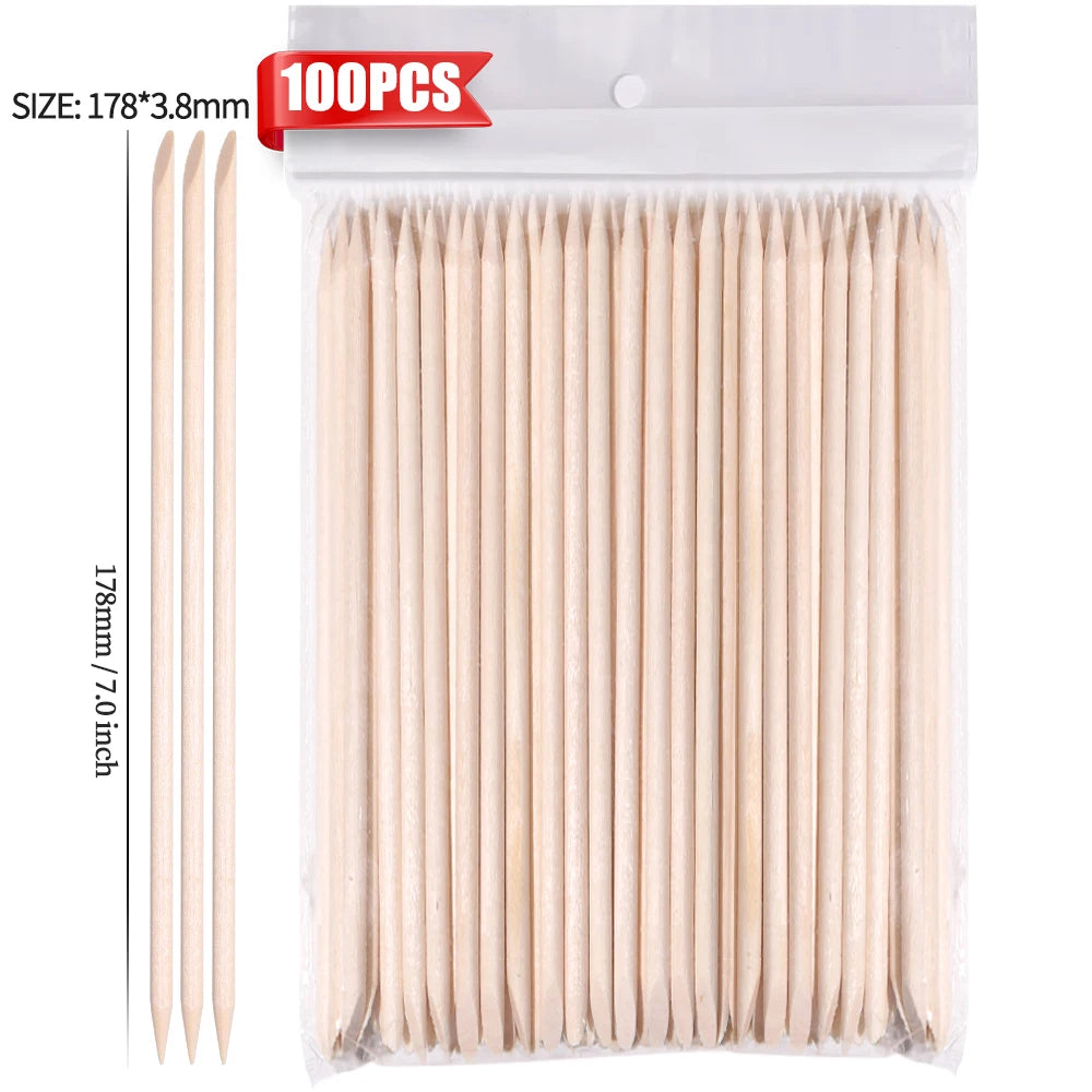 100PCS Cuticle Pusher Remover Nail Art Tools Beechwood Stick Sticks Rhinestones Picker close-up view