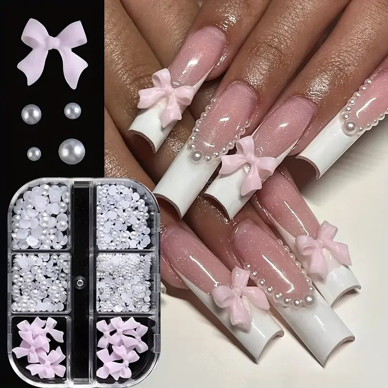 500PCS 3D Nail Art Decoration Kit with Resin Bows, Flat Back Pearls, and Assorted Sha alternate view
