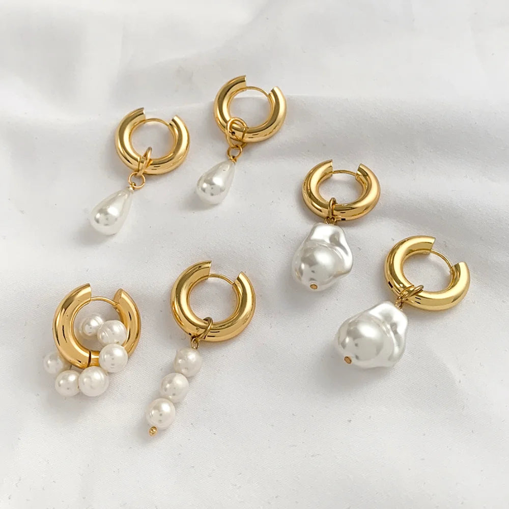 Trendy Asymmetry Pearl Drop Earrings | Stainless Steel Huggie Hoops for Women