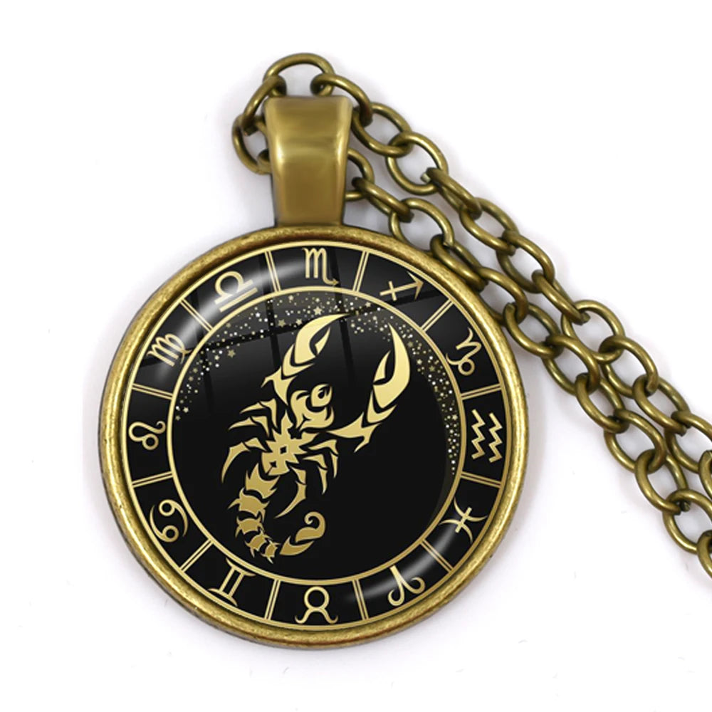 12 Constellation Zodiac Pendant Necklace | Antique Bronze Glass Dome Jewelry alternate view