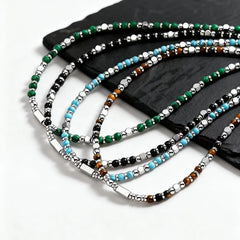 Trendy Men's Natural Stone Beaded Necklace | Classic Stainless Steel Metal Bead Choker