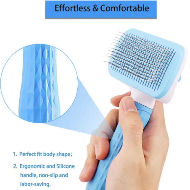 Pet Deshedding Comb | Self Cleaning Needle Brush for Dogs and Cats close-up view